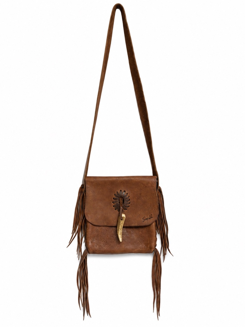 Jimmi Wz Brown Leather Fringe Crossbody Antler Closure